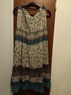 K Jordan Boho Chic Tiered Maxi Skirt with Blue Floral and Teal Bands Lined  - Lg